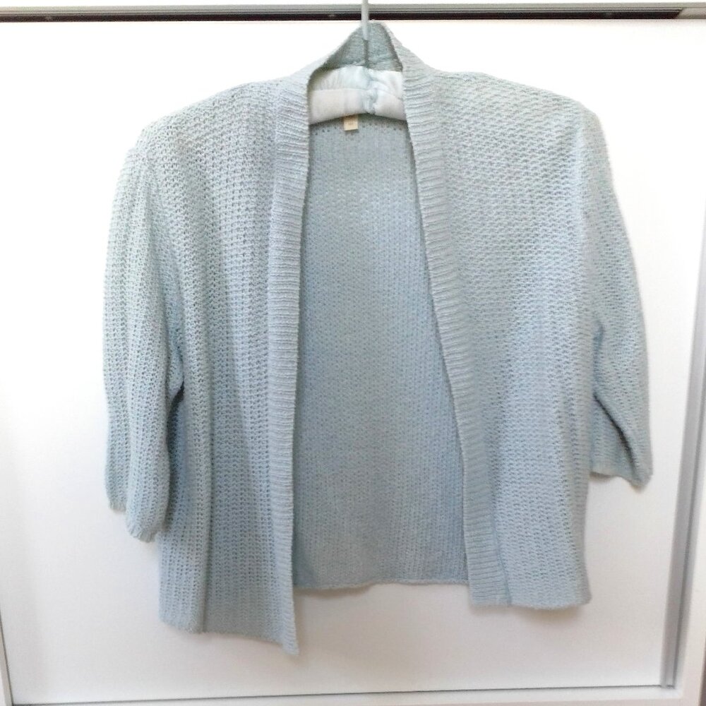 ELLEN FISHER SILK & LINEN ROBIN EGG BLUE 3/4 SLEEVE SWEATER SIZE PETITE